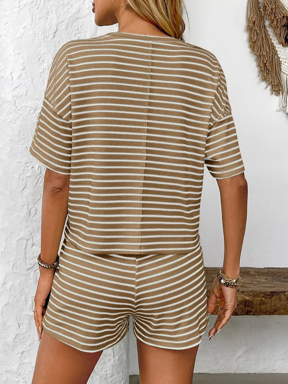 Striped Round Neck Short Sleeve Top and Shorts Set-