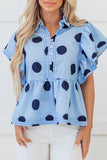 Polka Dot Print Ruffled Short Sleeve Buttoned Blouse