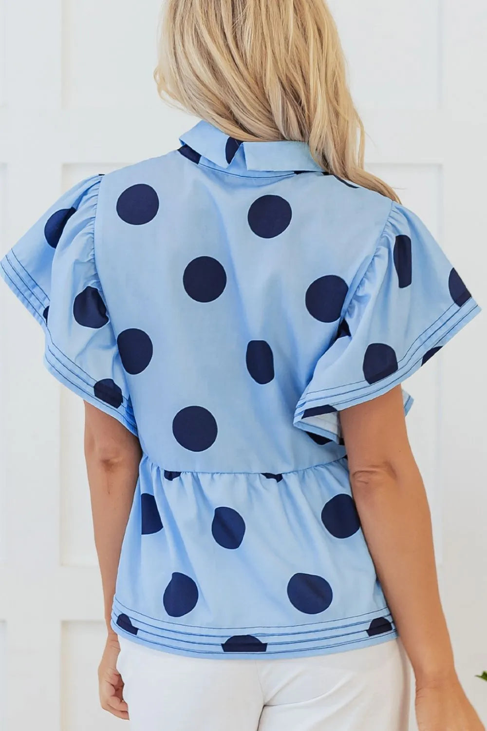 Polka Dot Print Ruffled Short Sleeve Buttoned Blouse