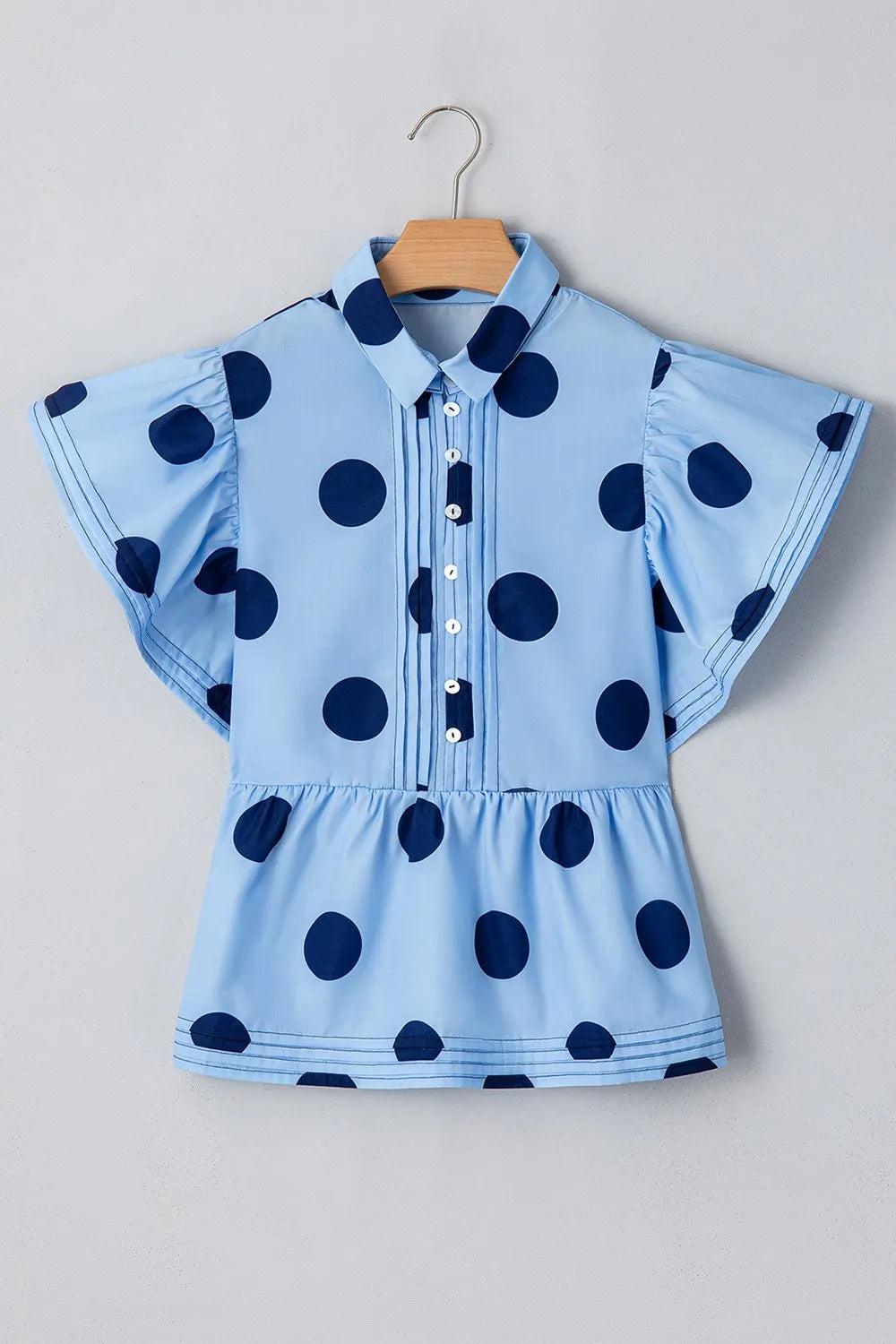Polka Dot Print Ruffled Short Sleeve Buttoned Blouse