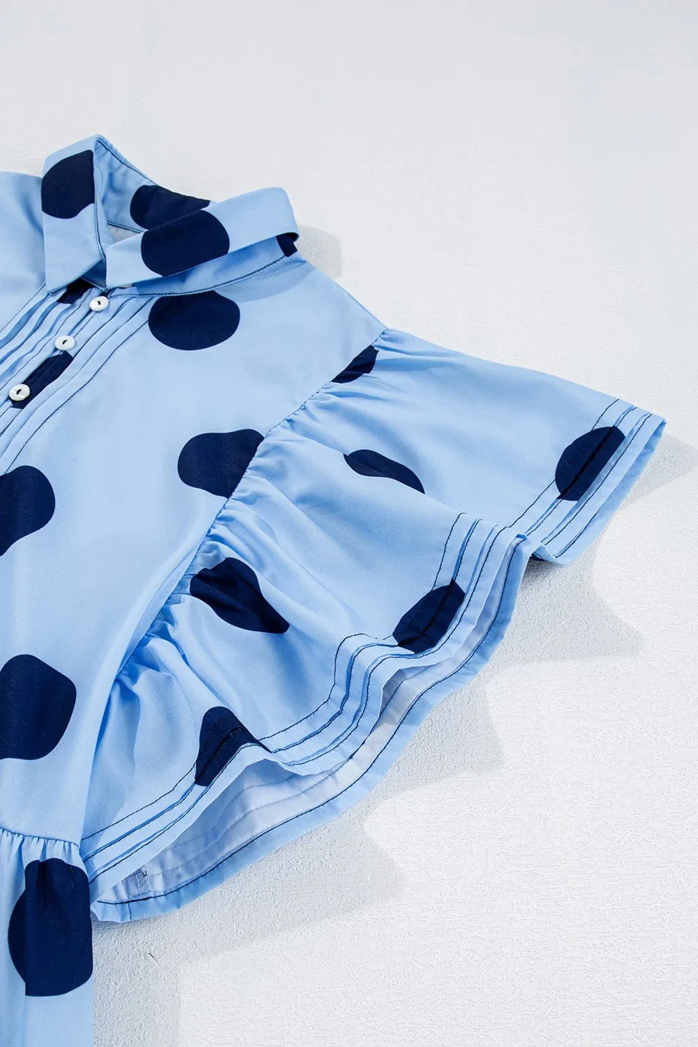 Polka Dot Print Ruffled Short Sleeve Buttoned Blouse