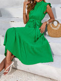 Frill Mock Neck Ruffled Cap Sleeve Midi Dress-