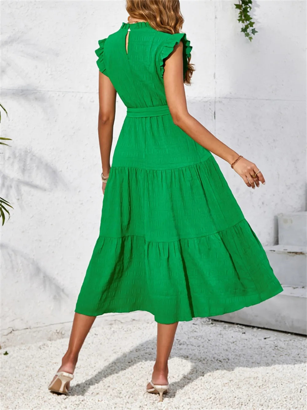 Frill Mock Neck Ruffled Cap Sleeve Midi Dress-