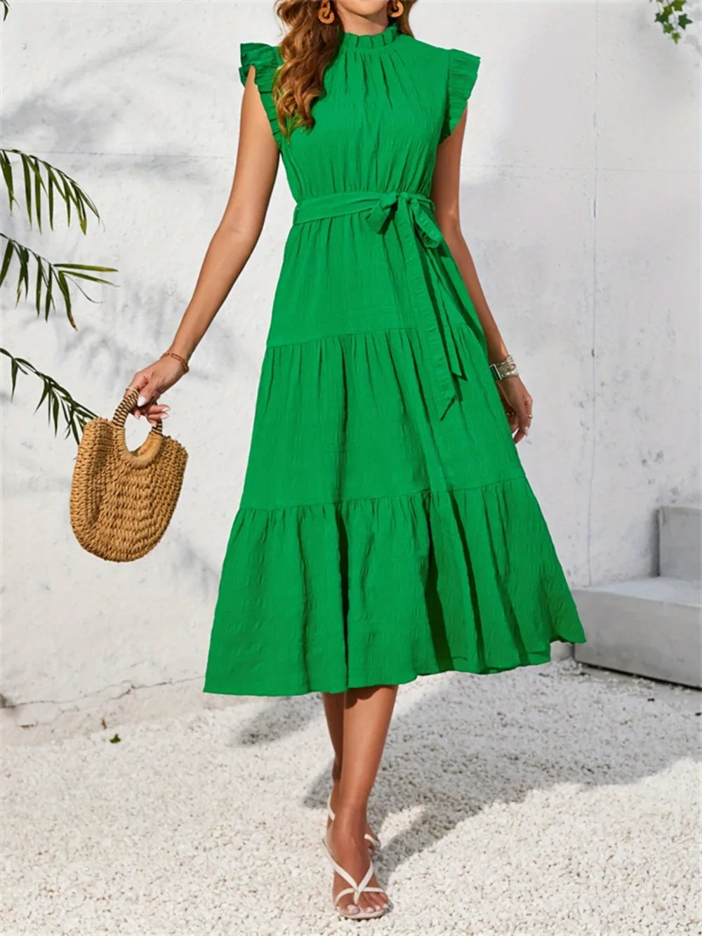 Frill Mock Neck Ruffled Cap Sleeve Midi Dress-