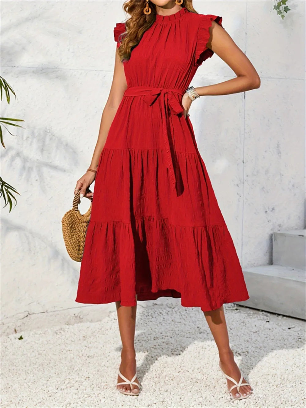 Frill Mock Neck Ruffled Cap Sleeve Midi Dress-