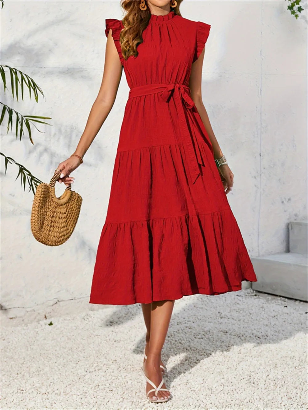 Frill Mock Neck Ruffled Cap Sleeve Midi Dress-