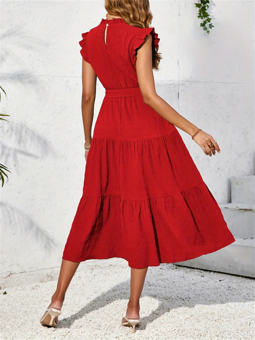 Frill Mock Neck Ruffled Cap Sleeve Midi Dress-