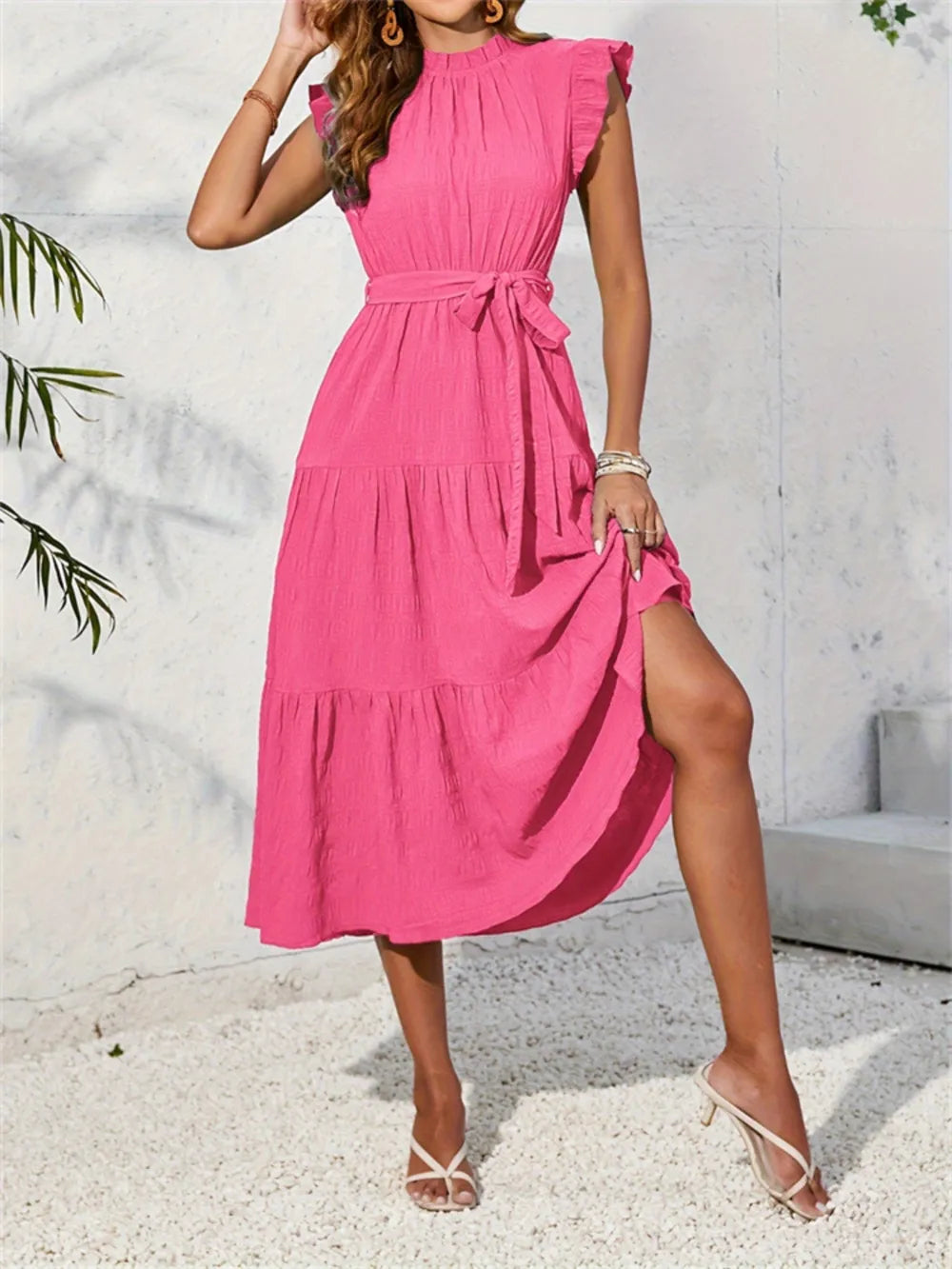 Frill Mock Neck Ruffled Cap Sleeve Midi Dress-