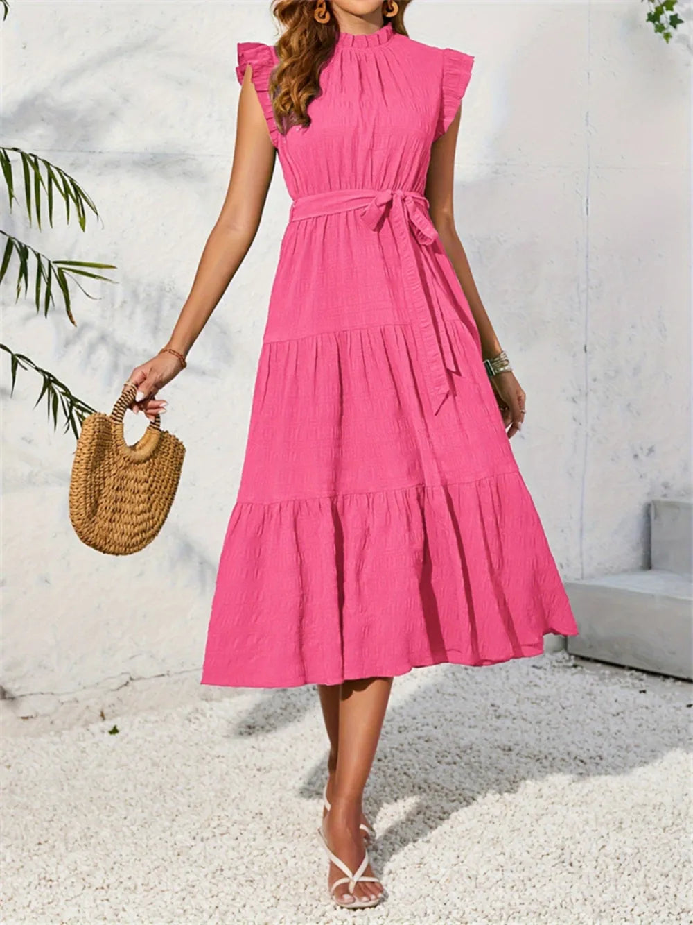 Frill Mock Neck Ruffled Cap Sleeve Midi Dress-