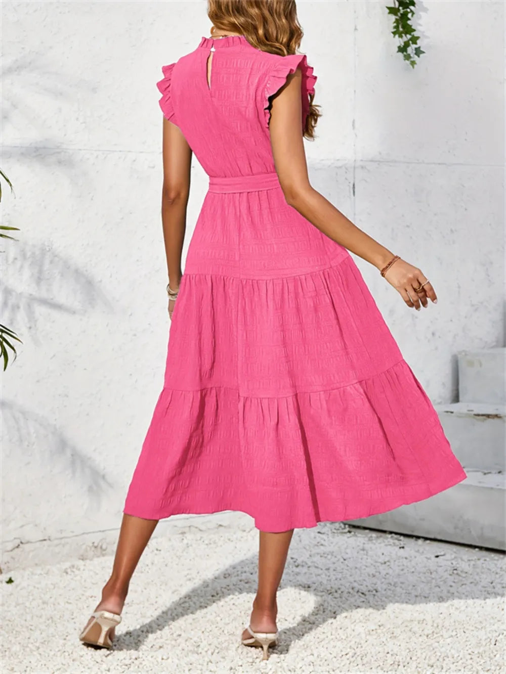 Frill Mock Neck Ruffled Cap Sleeve Midi Dress-