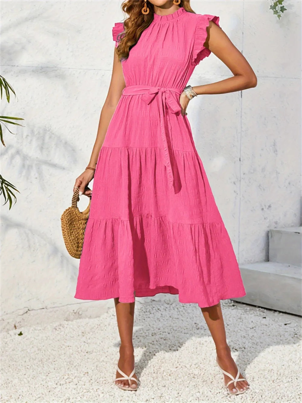 Frill Mock Neck Ruffled Cap Sleeve Midi Dress-