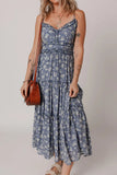 Floral Spaghetti Strap Frilled V Neck Tiered Midi Dress-