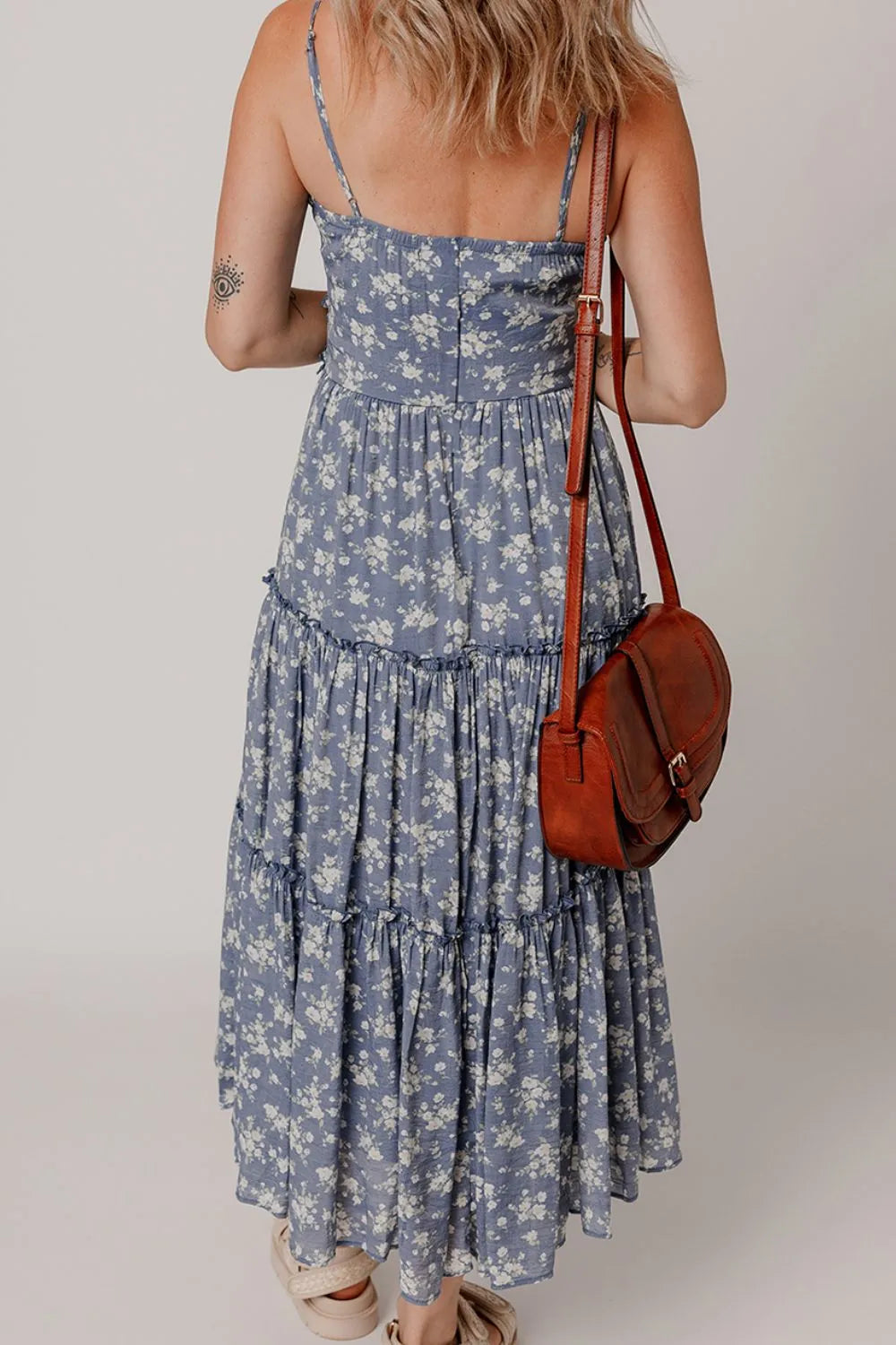 Floral Spaghetti Strap Frilled V Neck Tiered Midi Dress-