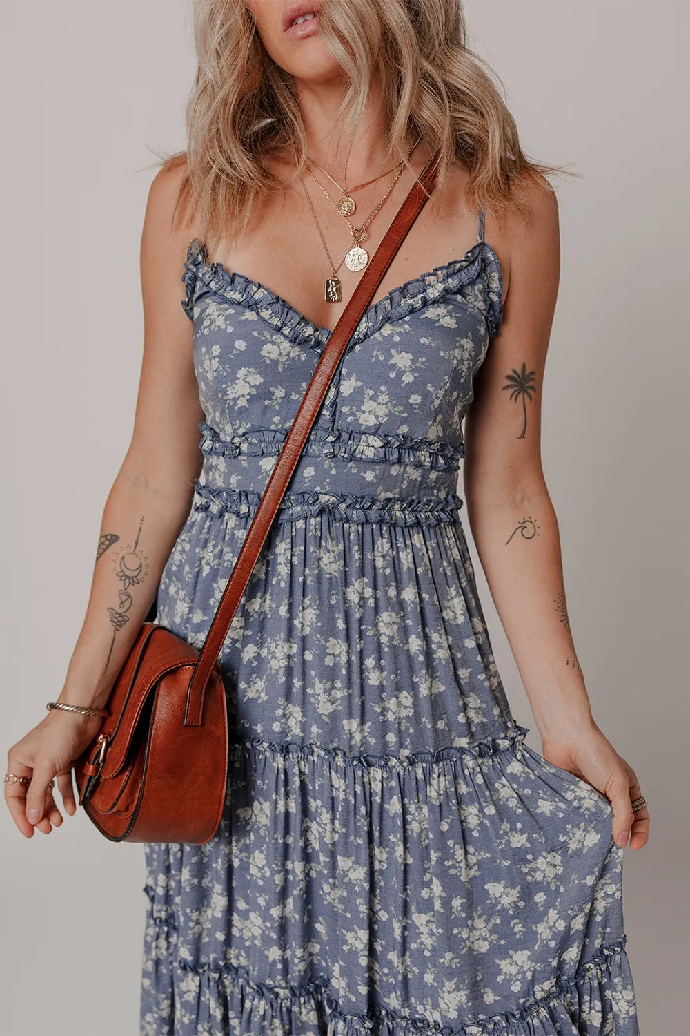 Floral Spaghetti Strap Frilled V Neck Tiered Midi Dress-