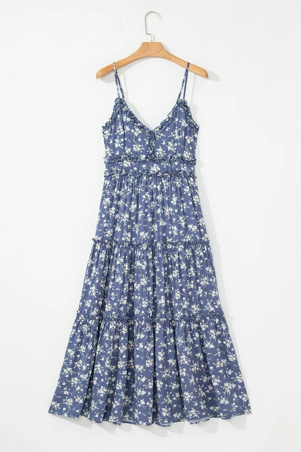 Floral Spaghetti Strap Frilled V Neck Tiered Midi Dress-