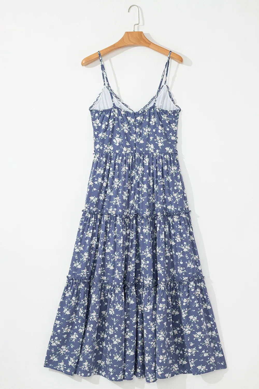 Floral Spaghetti Strap Frilled V Neck Tiered Midi Dress-