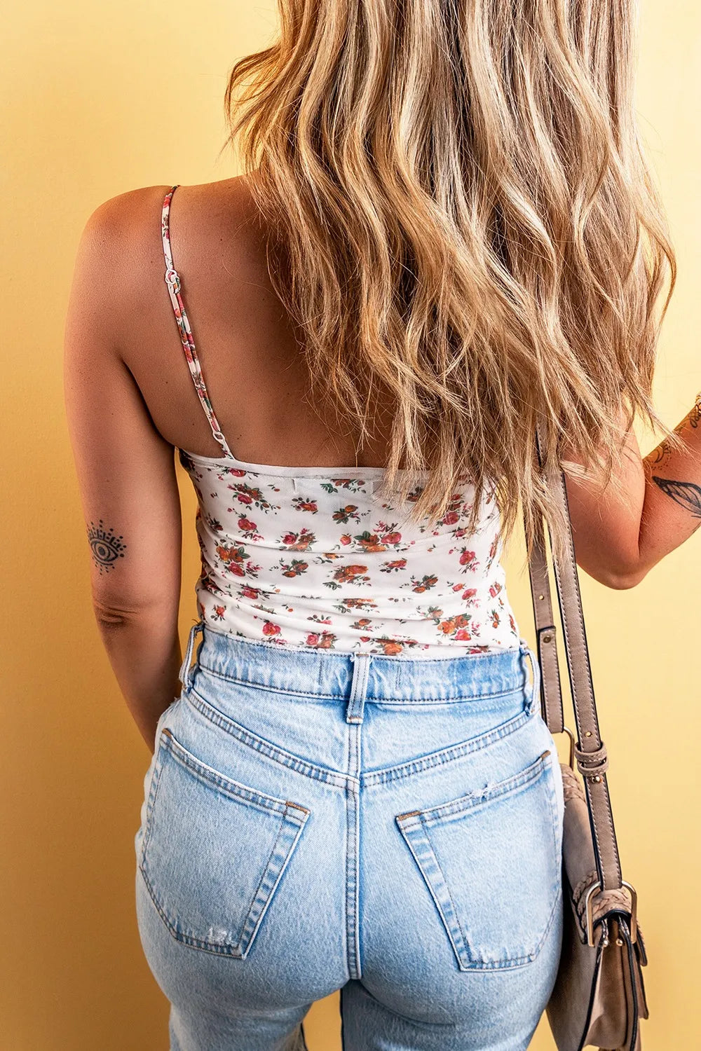 Floral Frilled Trim Spaghetti Straps Bodysuit-