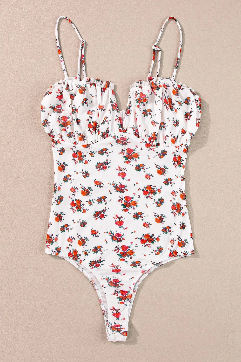 Floral Frilled Trim Spaghetti Straps Bodysuit-