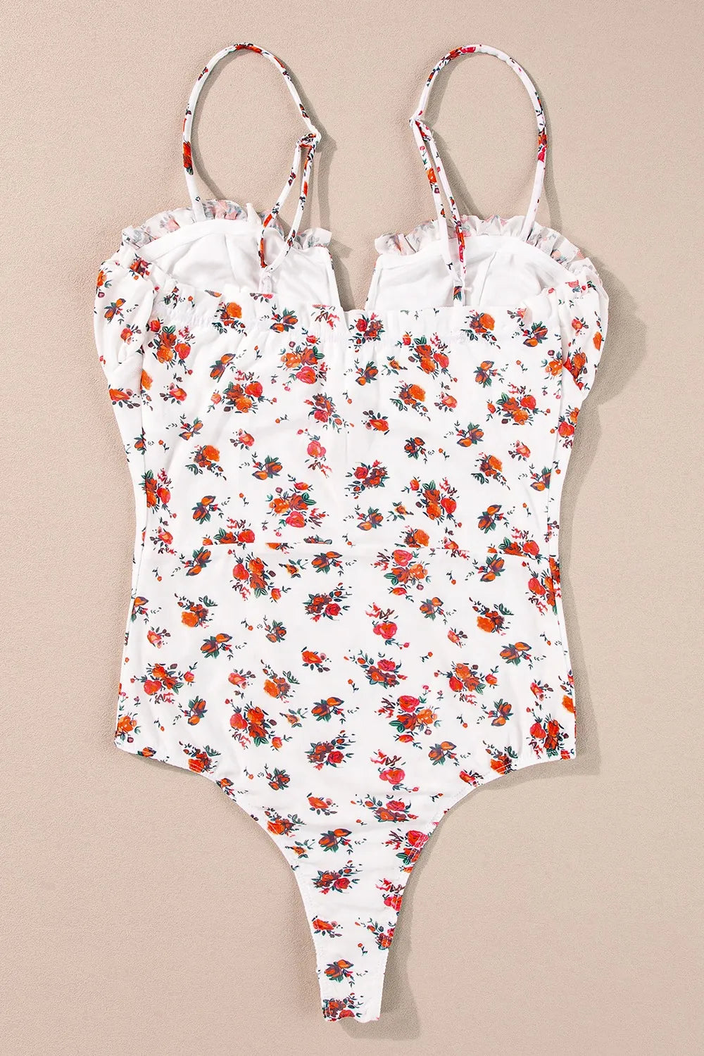 Floral Frilled Trim Spaghetti Straps Bodysuit-