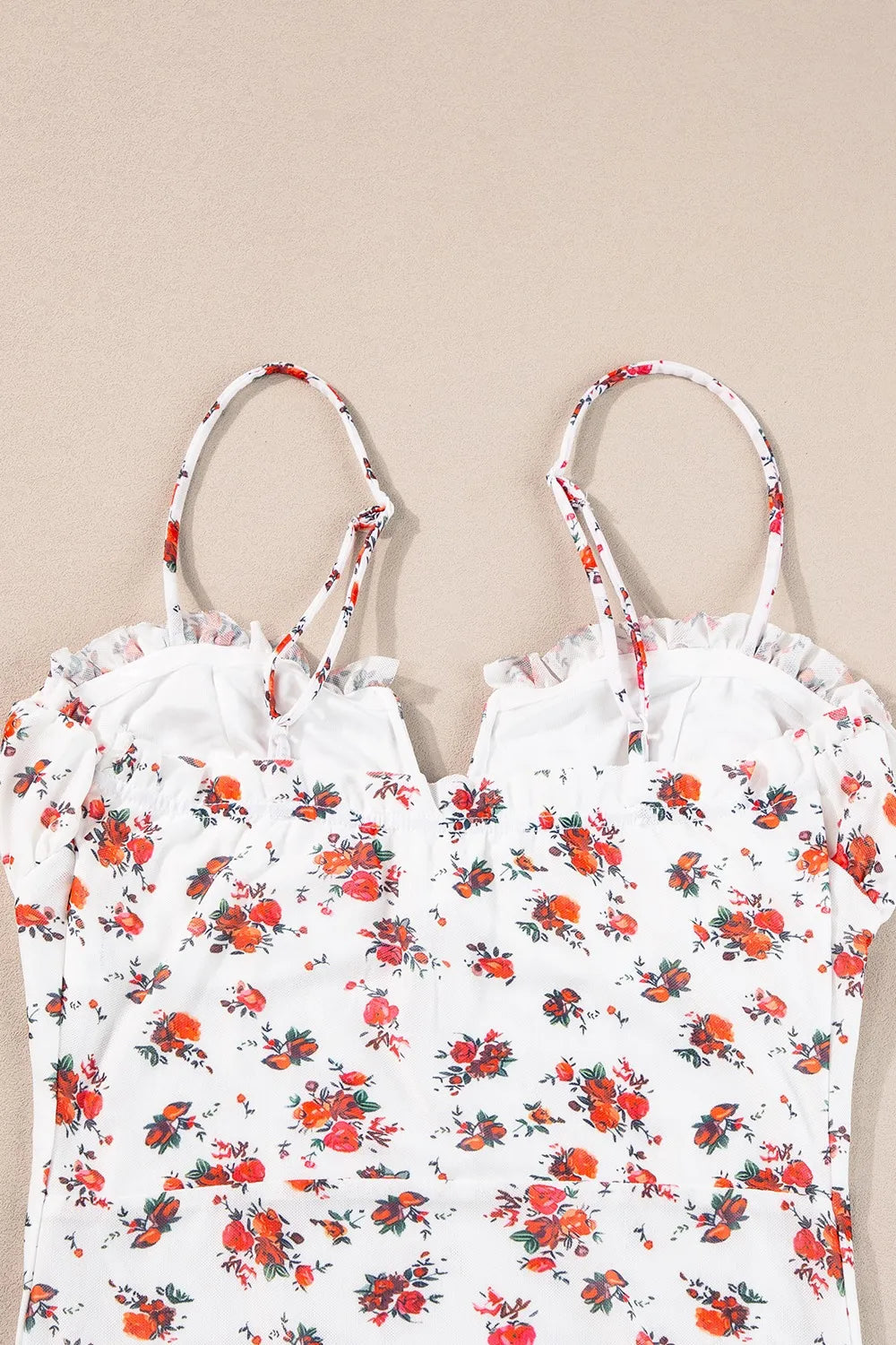 Floral Frilled Trim Spaghetti Straps Bodysuit-