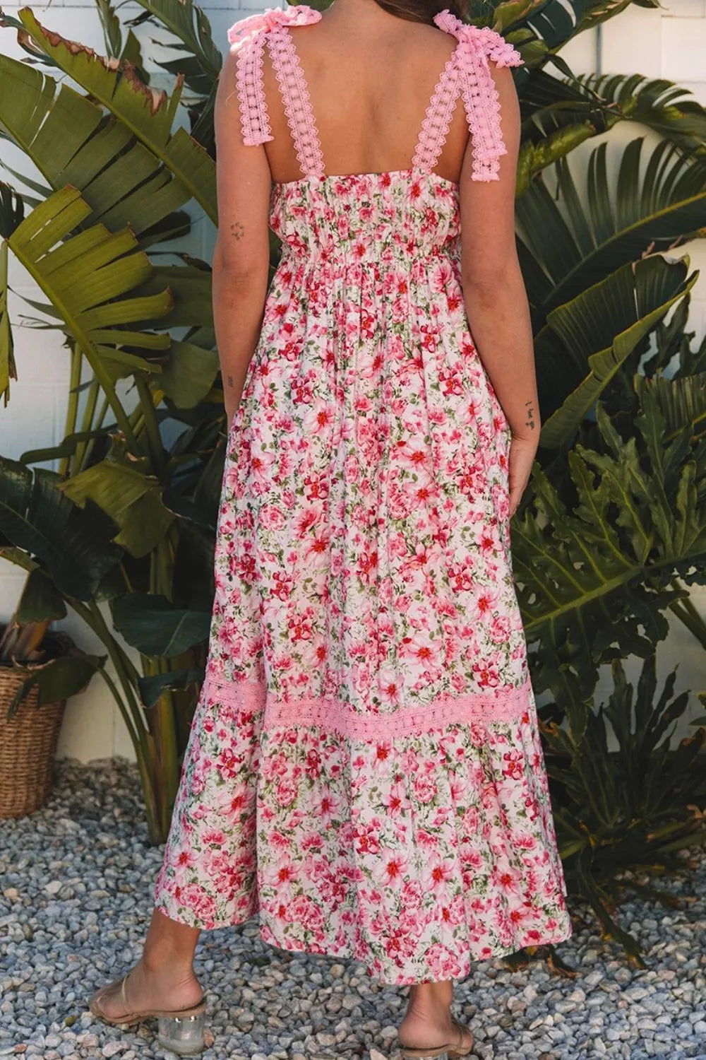 Floral Lace Tied Strap Square Neck Dress with Pockets-