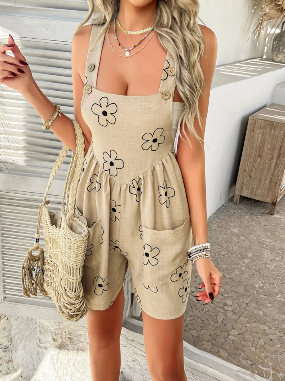 Devine Flower Wide Strap Overalls with Pockets-