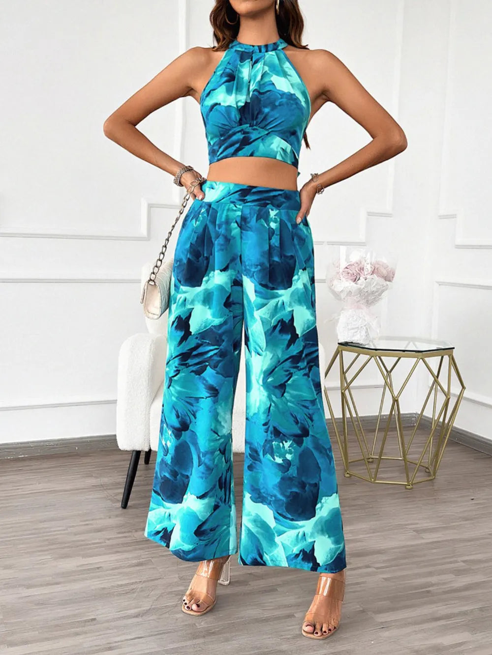 Devine Printed Halter Neck Top and Pants Set-
