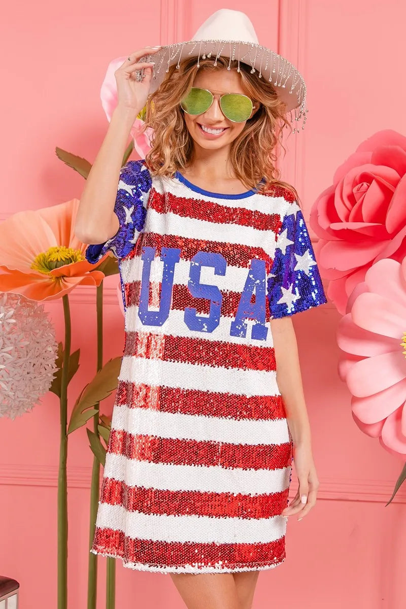 BiBi American Flag Theme Usa Print Sequin Dress-