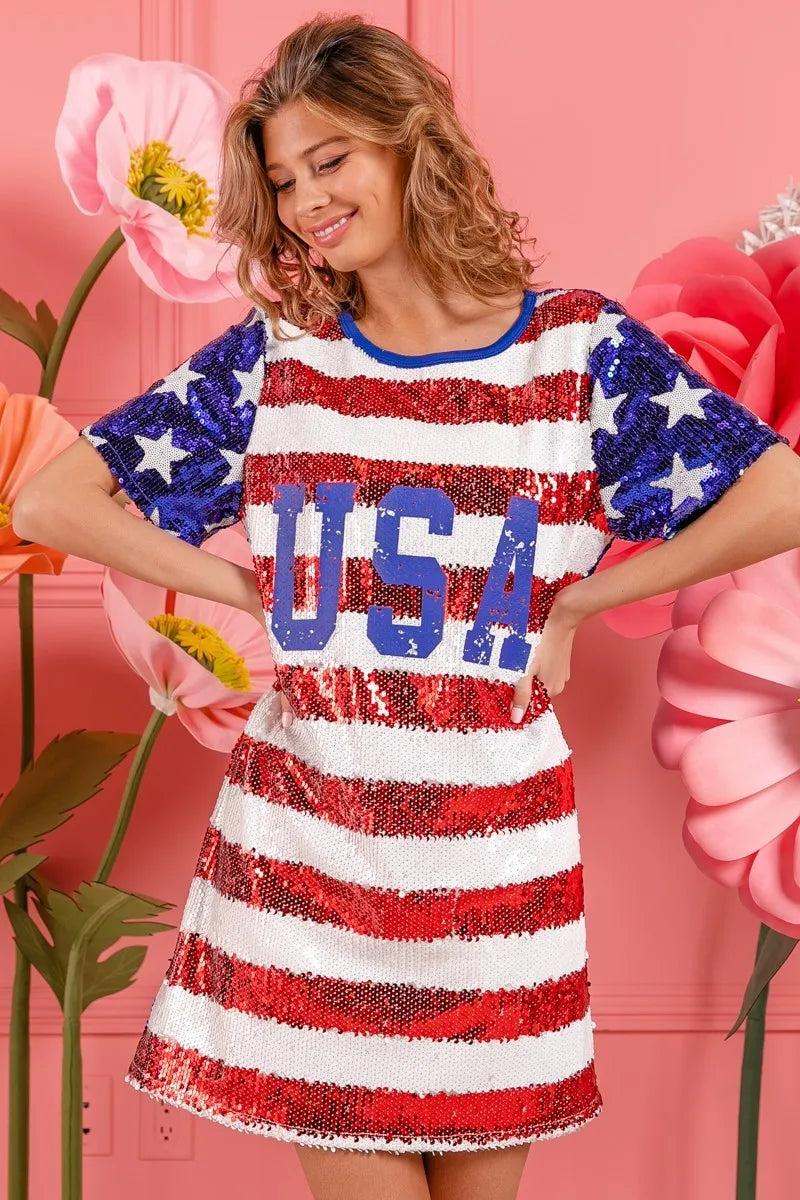 BiBi American Flag Theme Usa Print Sequin Dress-