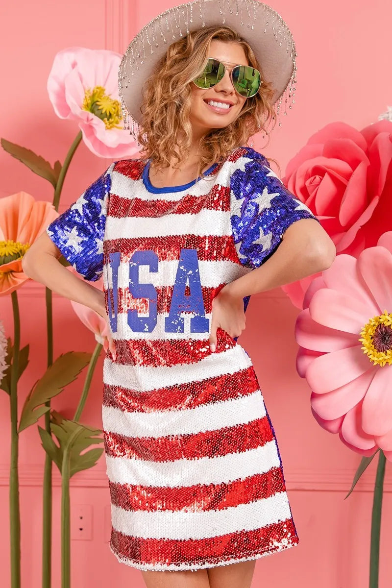 BiBi American Flag Theme Usa Print Sequin Dress-