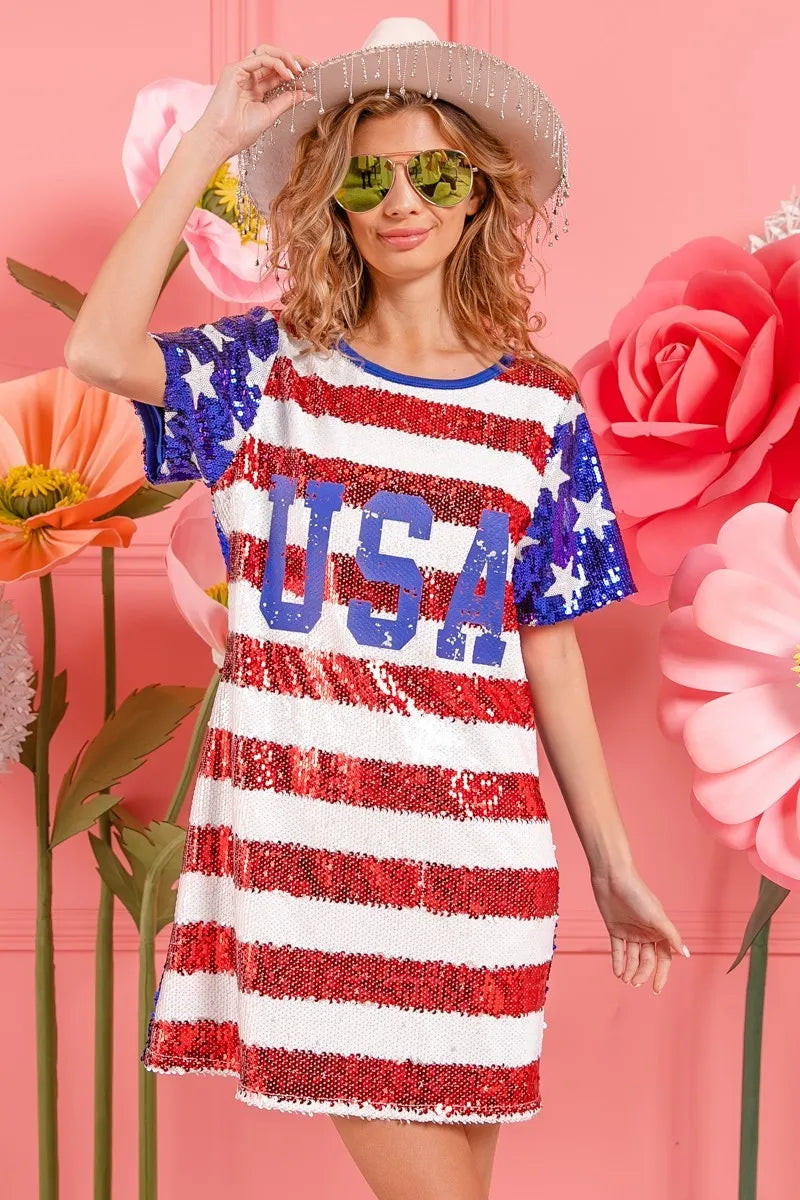 BiBi American Flag Theme Usa Print Sequin Dress-