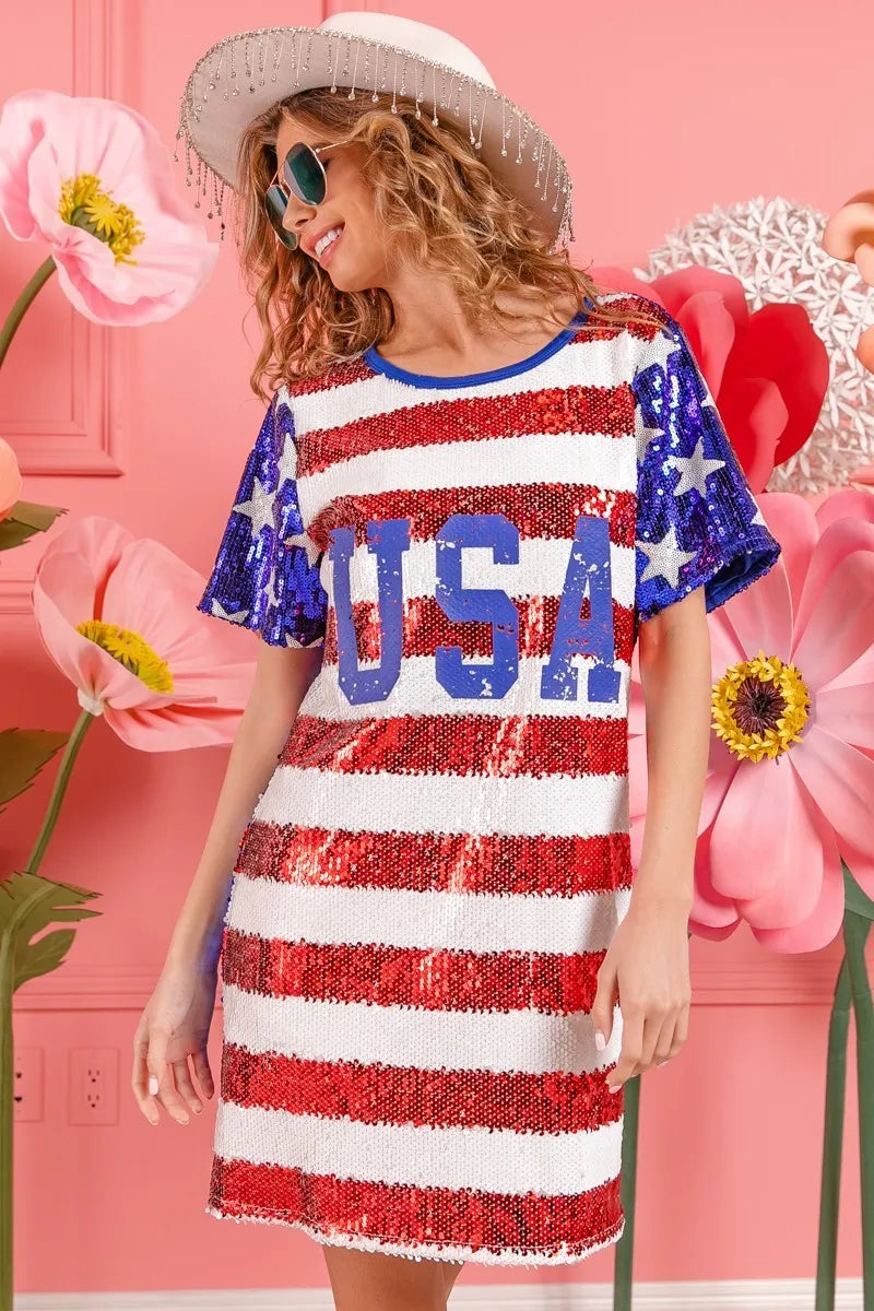 BiBi American Flag Theme Usa Print Sequin Dress-