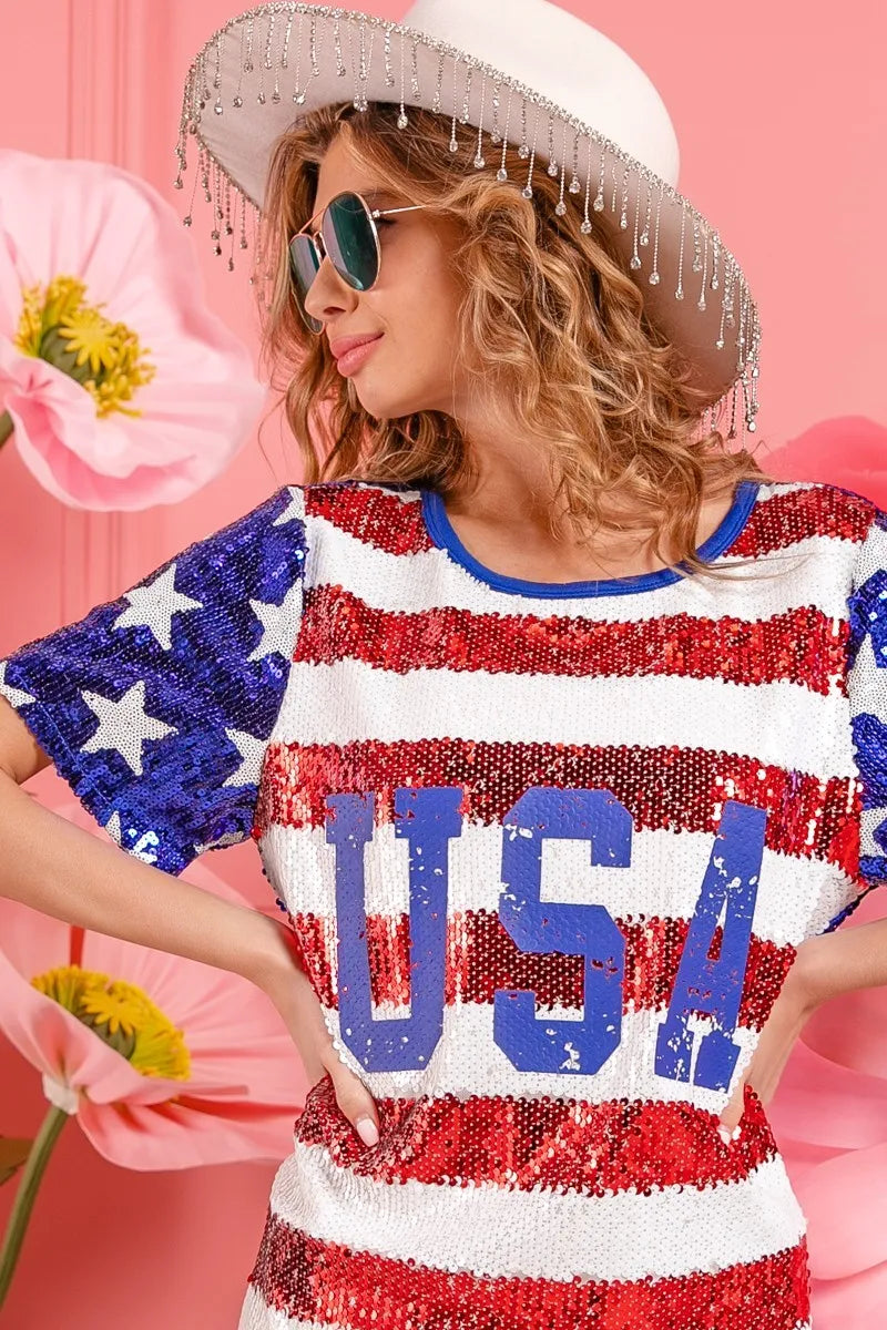 BiBi American Flag Theme Usa Print Sequin Dress-