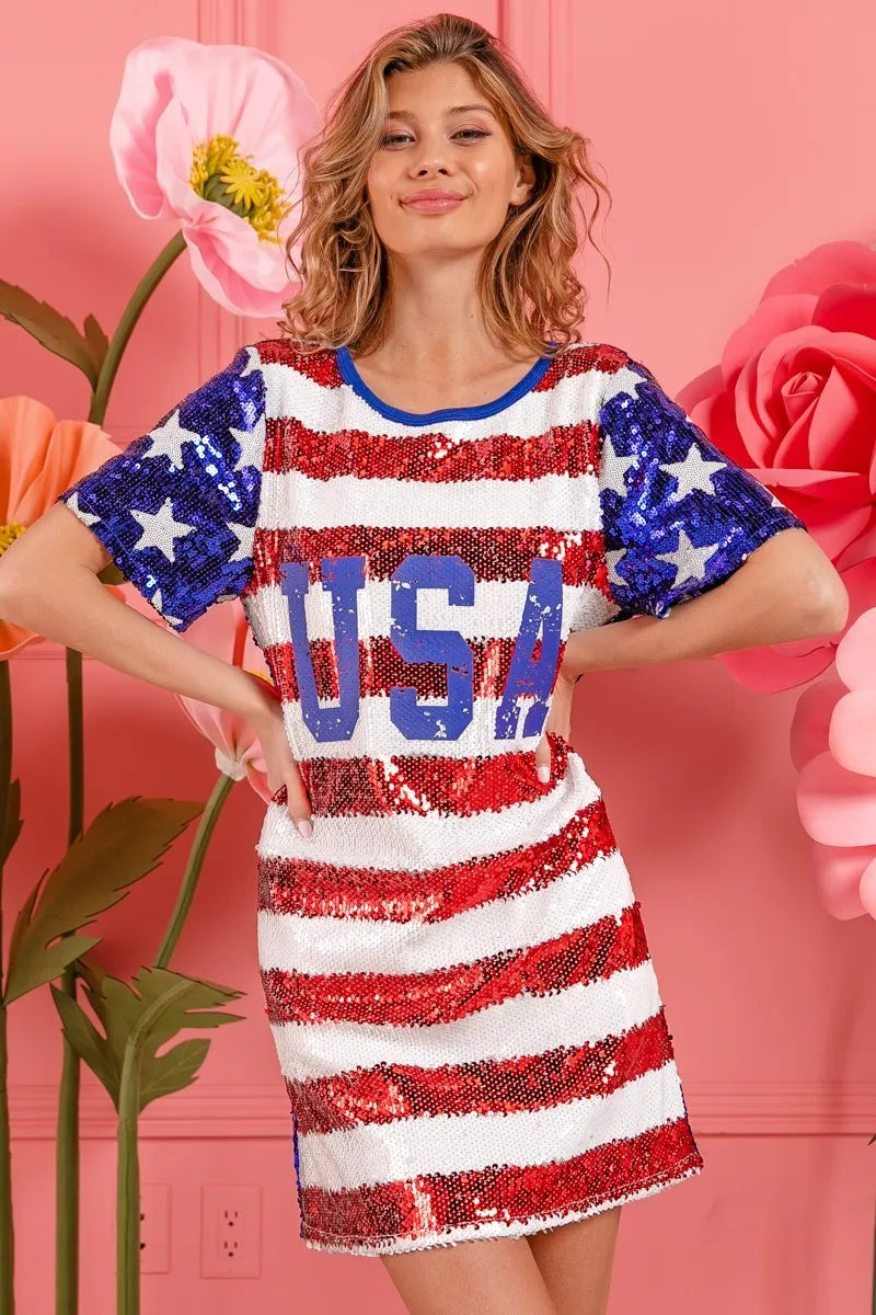 BiBi American Flag Theme Usa Print Sequin Dress-