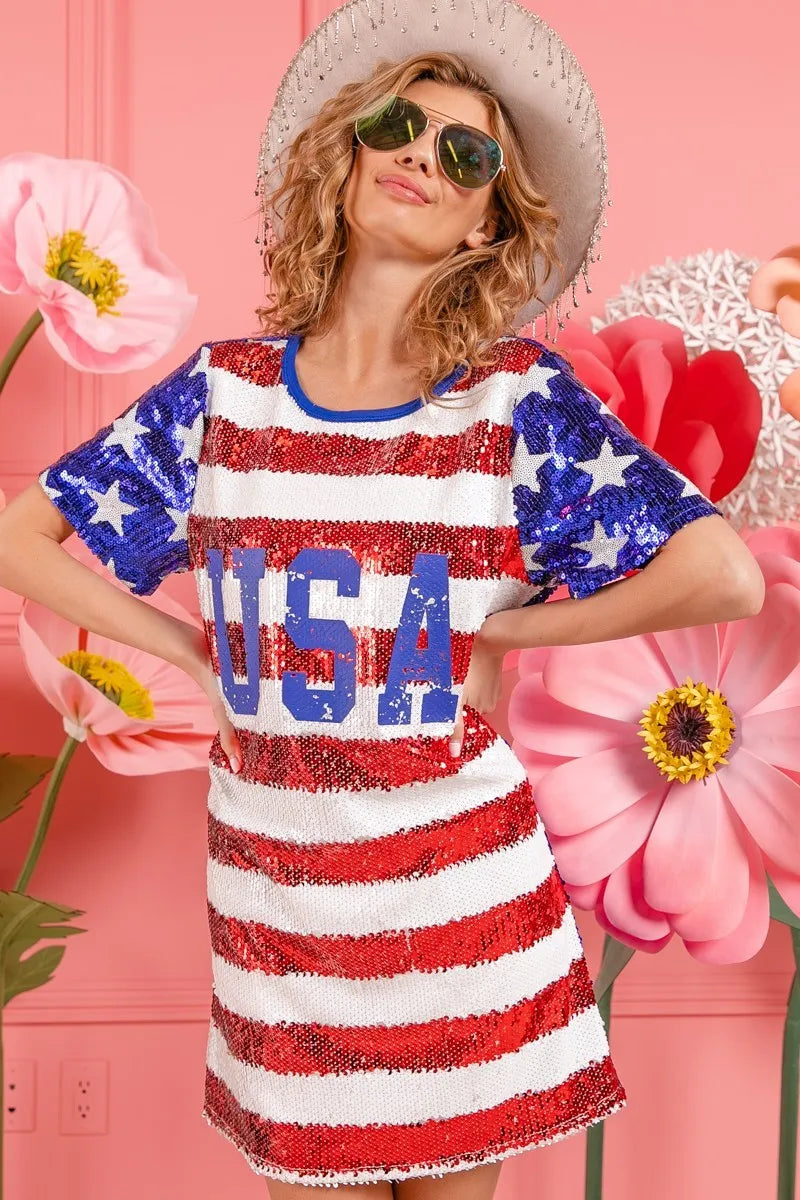 BiBi American Flag Theme Usa Print Sequin Dress-