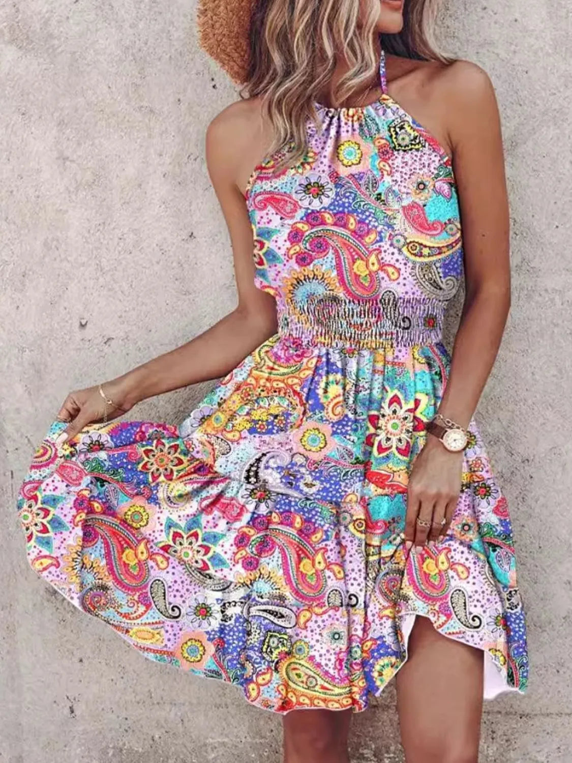 Paisley Print Halter Neck Mini Dress-Get You Some Sun