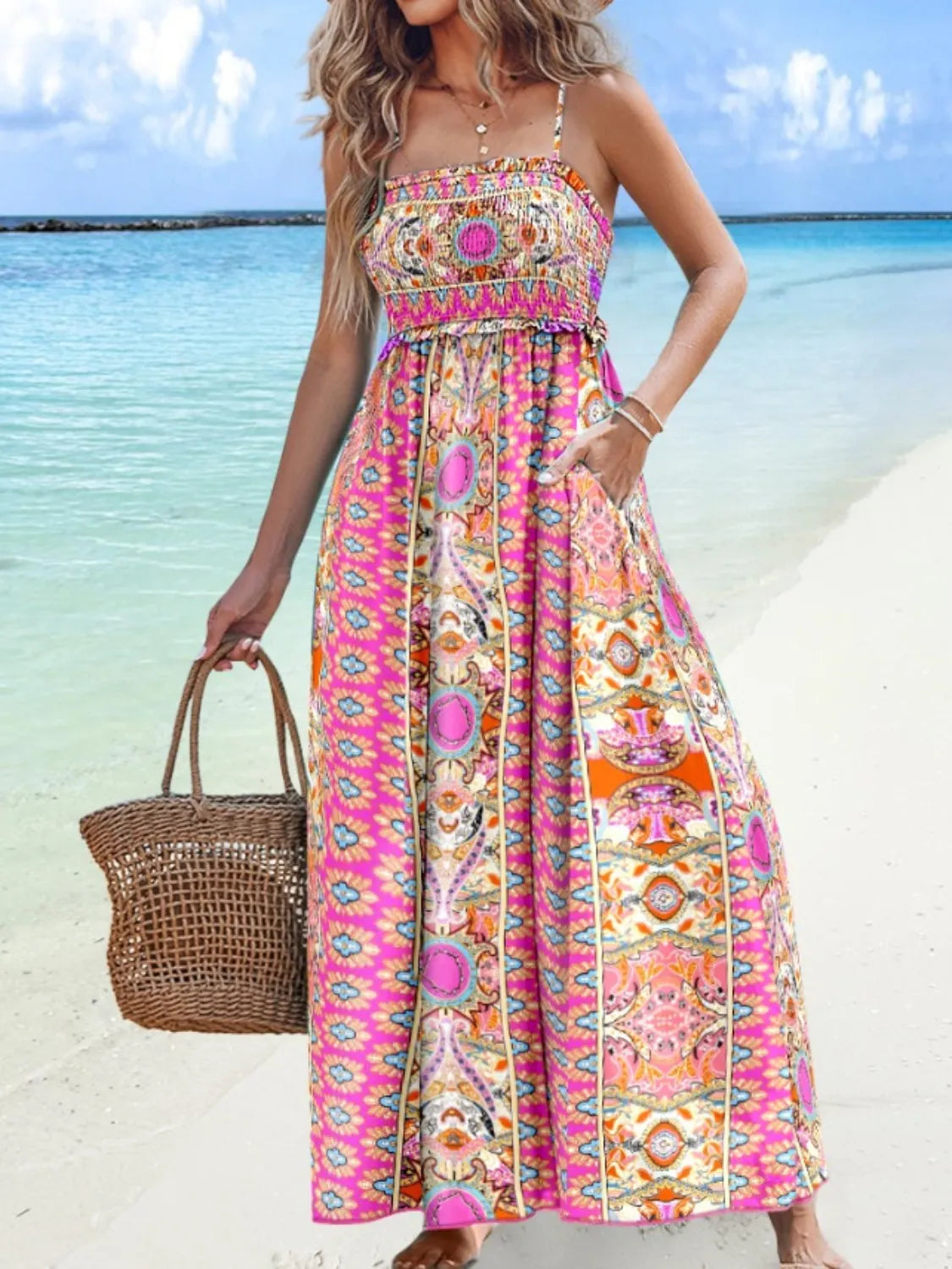 Printed Smocked Maxi Cami Dress-Get You Some Sun