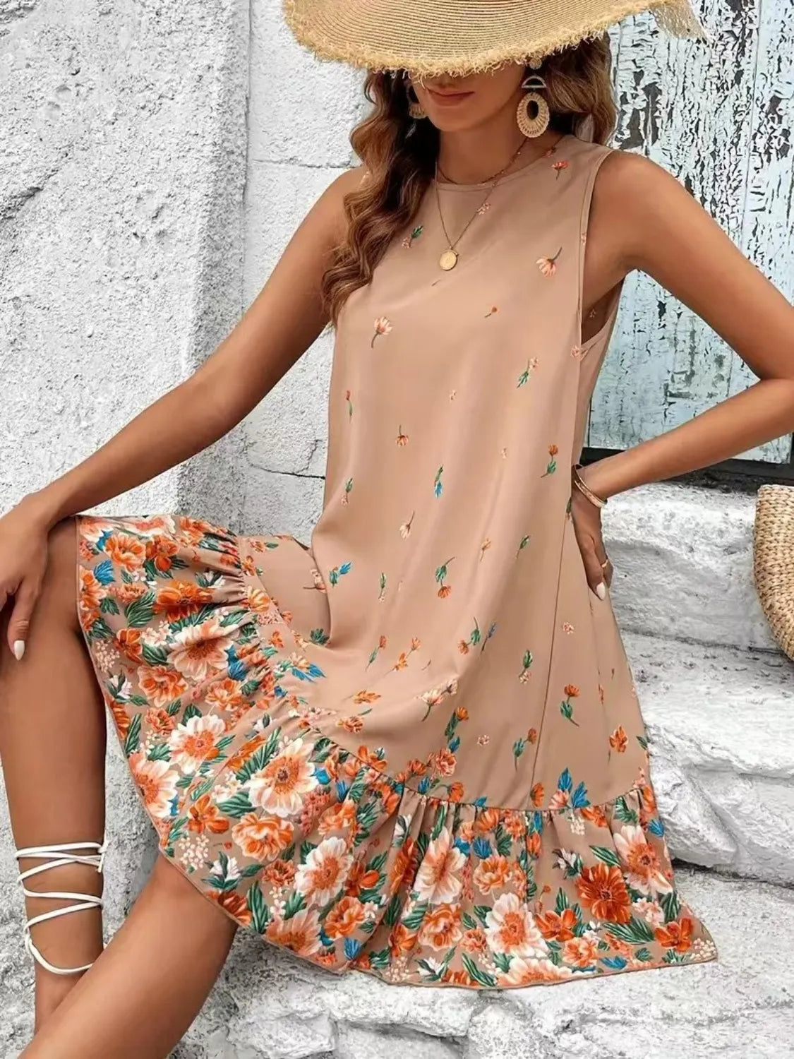 Ruffled Hem Floral Sleeveless Mini Tank Dress-