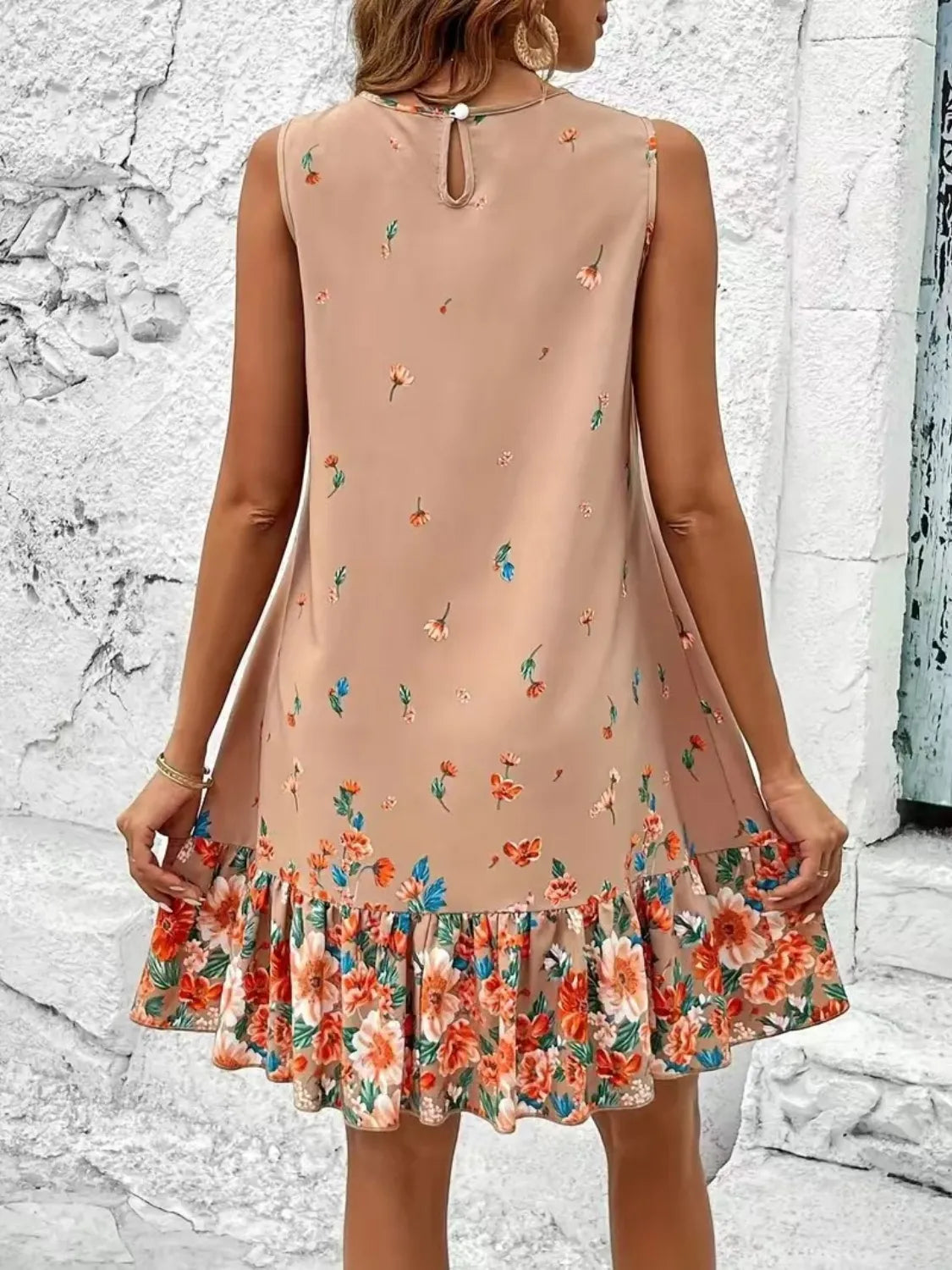 Ruffled Hem Floral Sleeveless Mini Tank Dress-