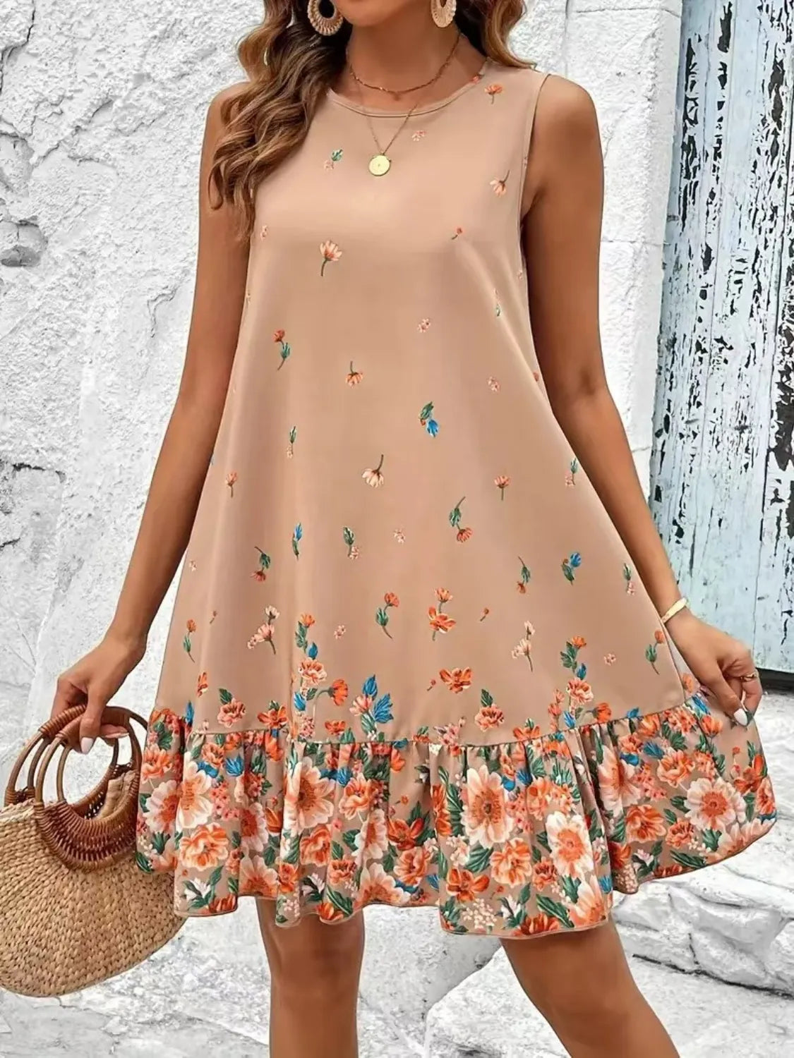 Ruffled Hem Floral Sleeveless Mini Tank Dress-