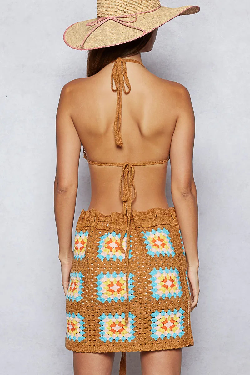 POL Crochet Halter Neck Cami and Skirt Sweater Set-