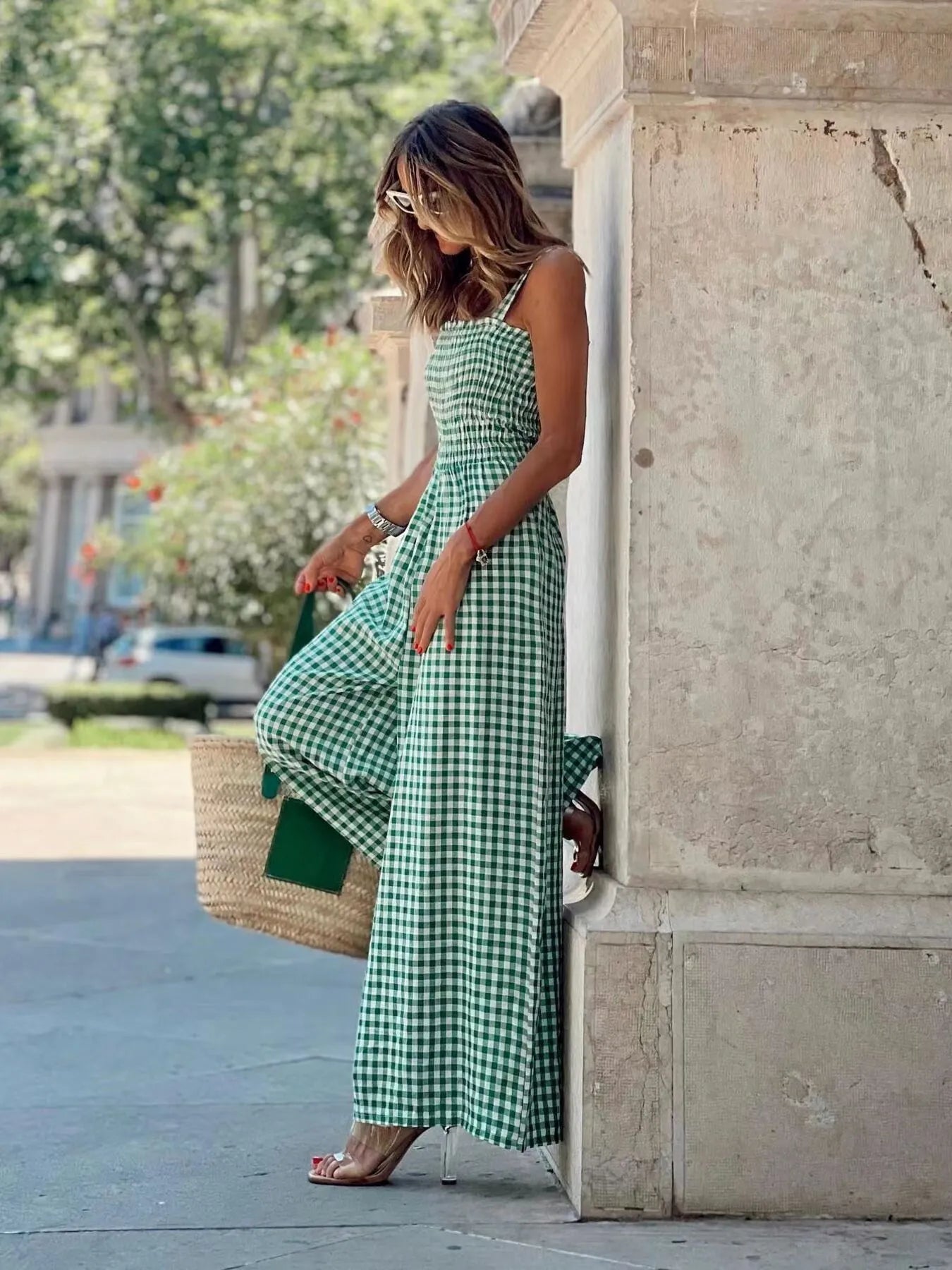 Gingham Smocked Wide-Leg Jumpsuit-Get You Some Sun