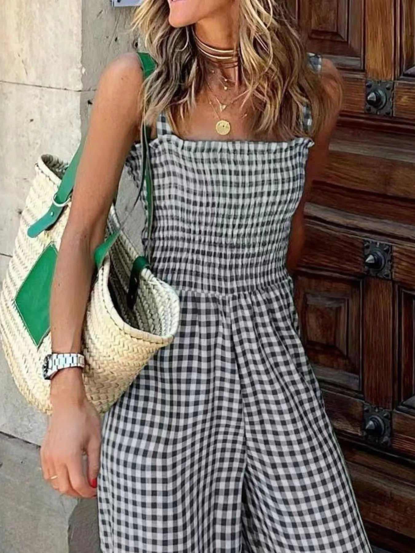Gingham Smocked Wide-Leg Jumpsuit-Get You Some Sun