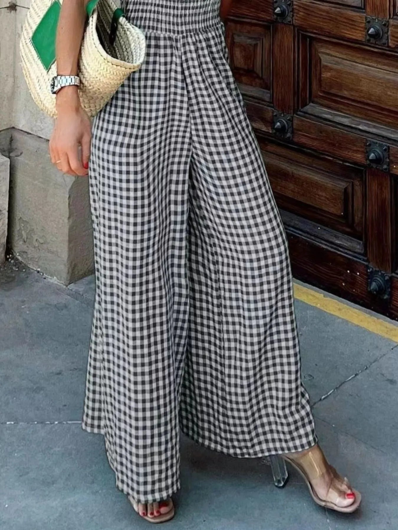 Gingham Smocked Wide-Leg Jumpsuit-Get You Some Sun