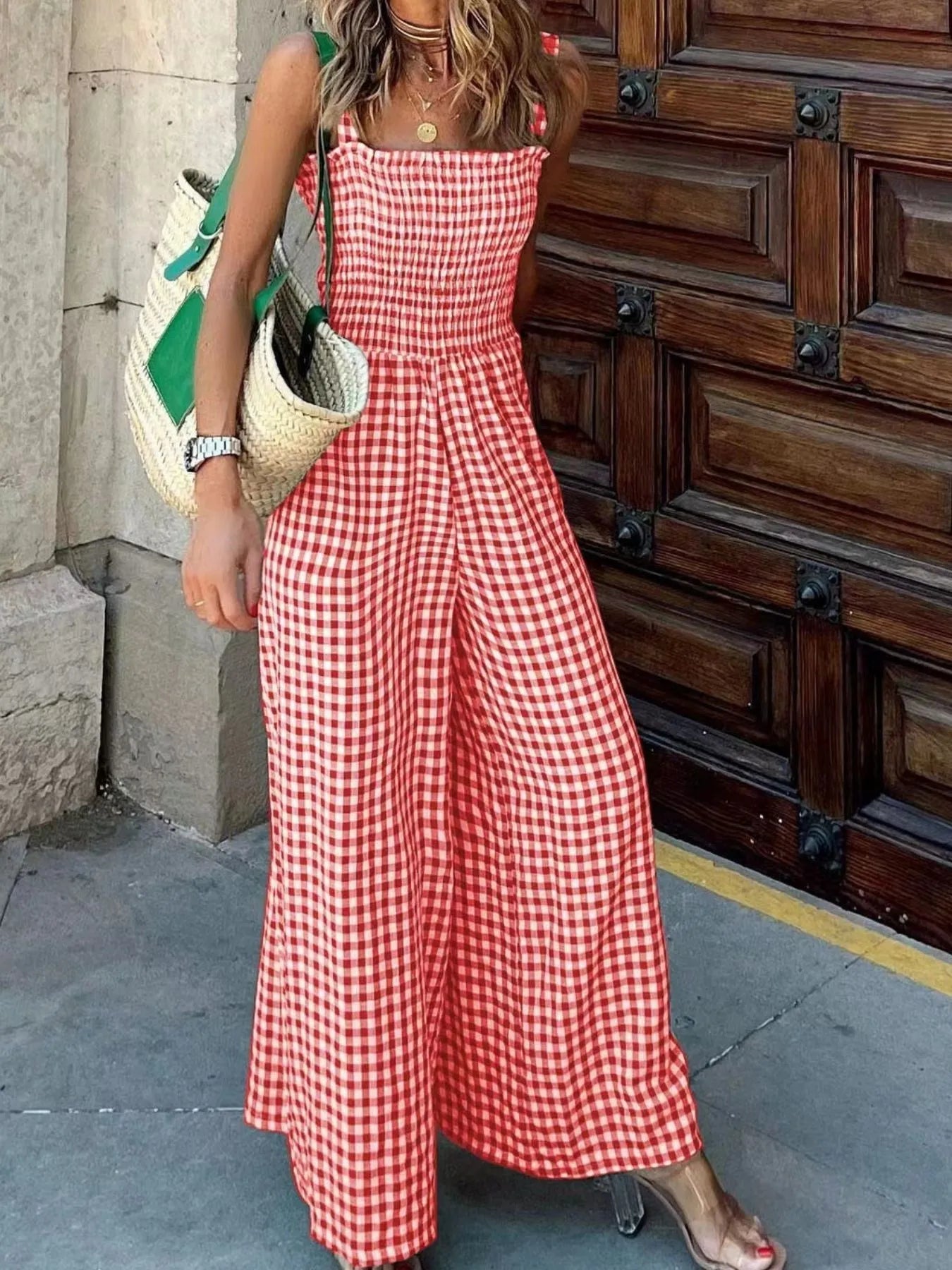 Gingham Smocked Wide-Leg Jumpsuit-Get You Some Sun