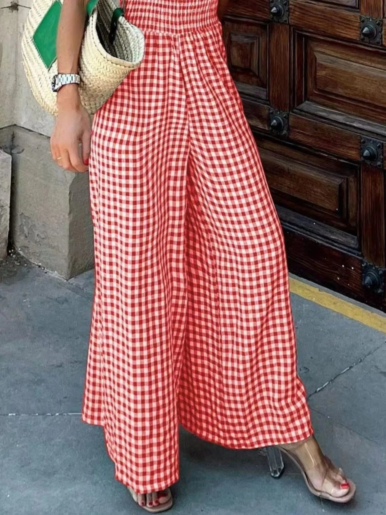 Gingham Smocked Wide-Leg Jumpsuit-Get You Some Sun