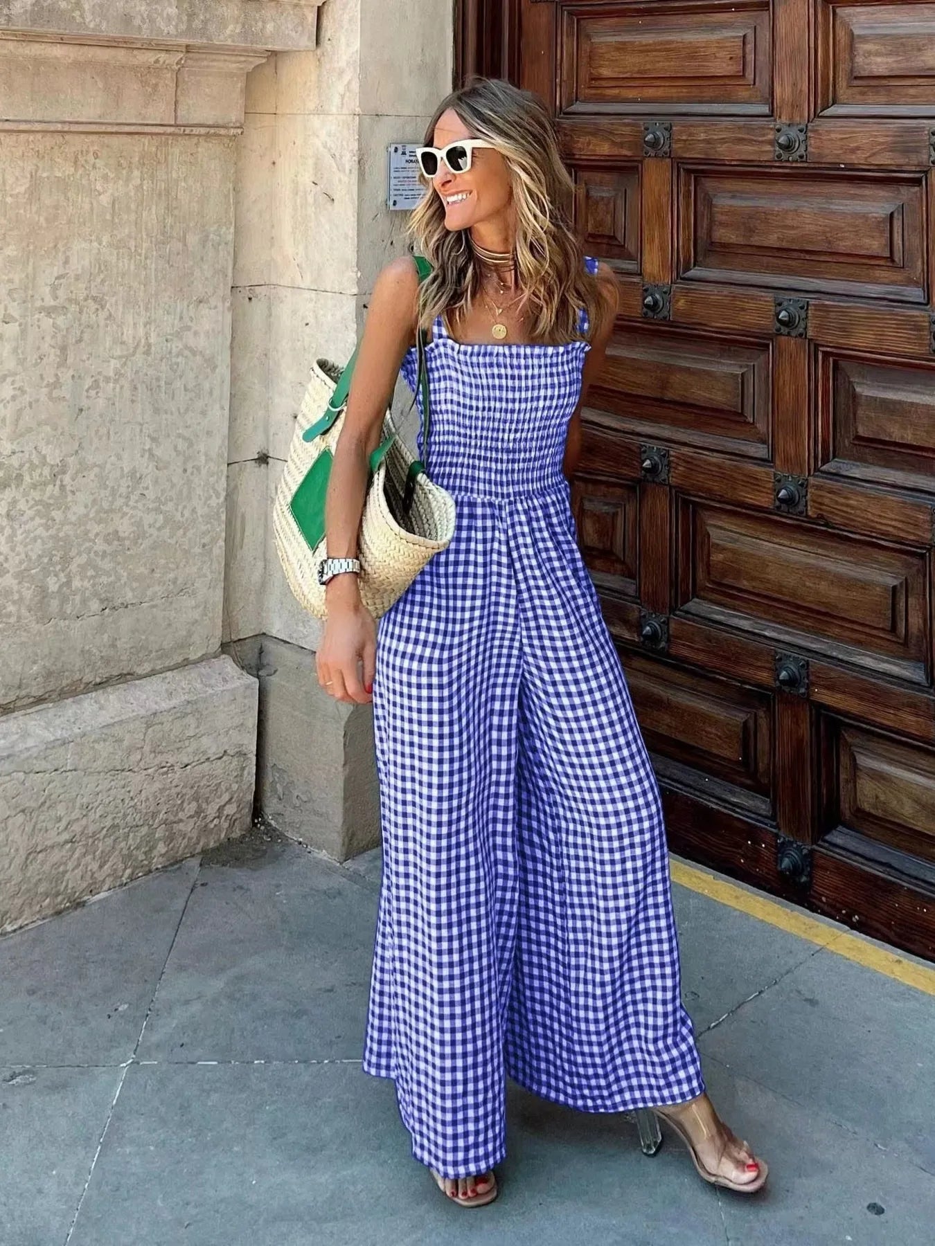 Gingham Smocked Wide-Leg Jumpsuit-Get You Some Sun
