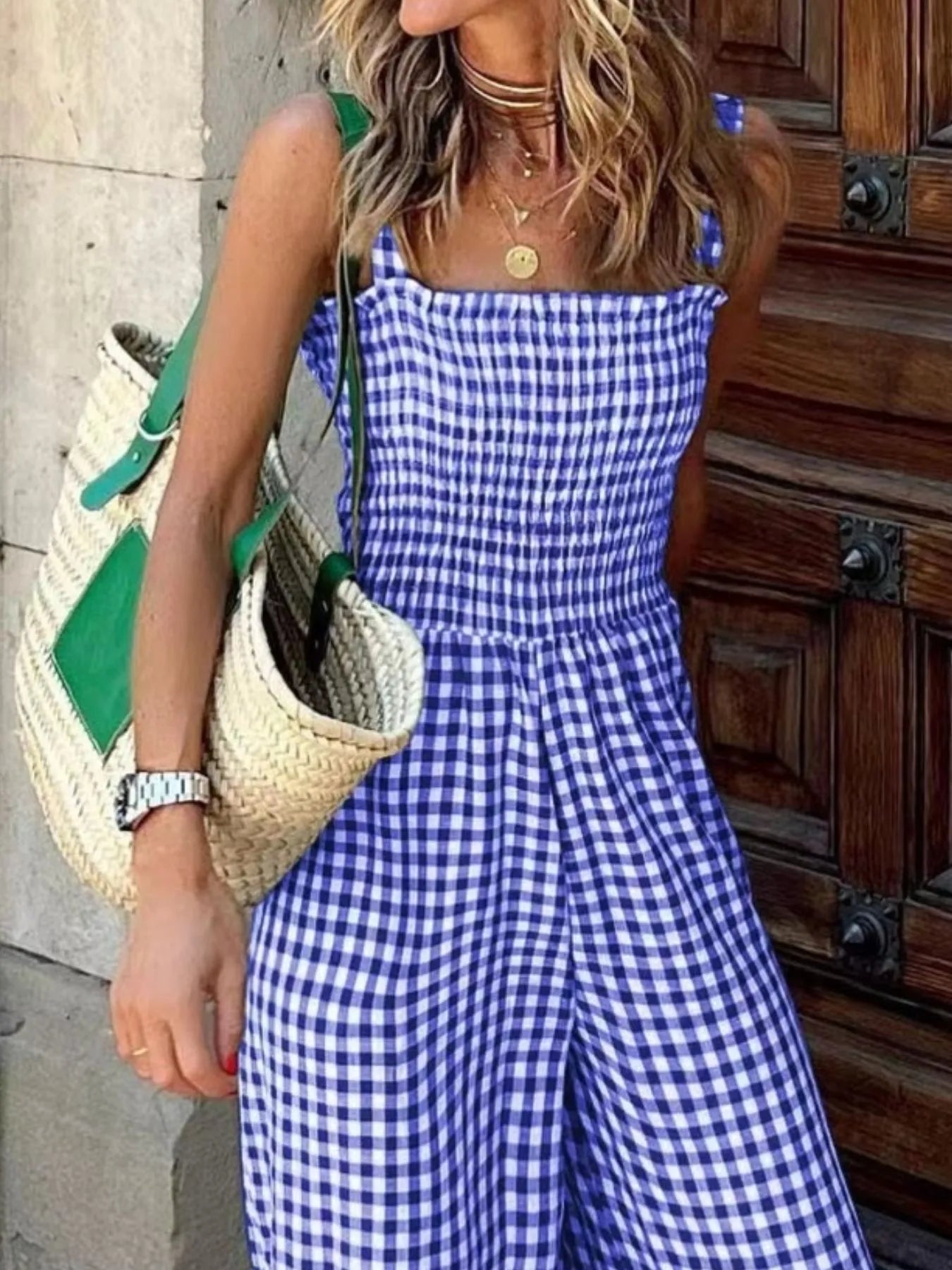 Gingham Smocked Wide-Leg Jumpsuit-Get You Some Sun