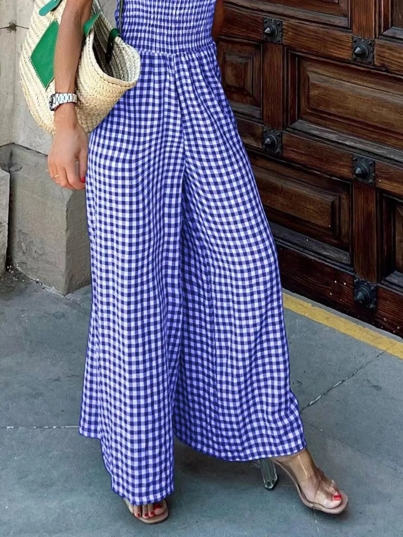 Gingham Smocked Wide-Leg Jumpsuit-Get You Some Sun