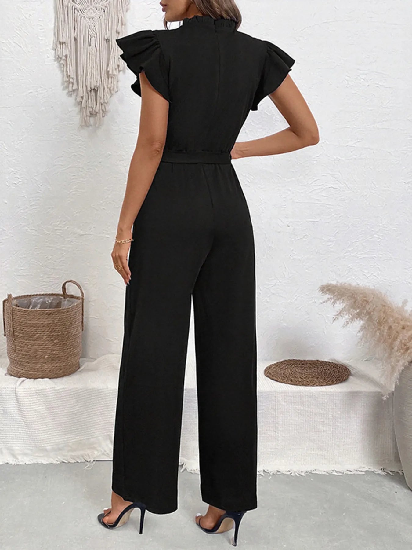 Pearl Detail Ruffled Cap Sleeve Jumpsuit-Get You Some Sun